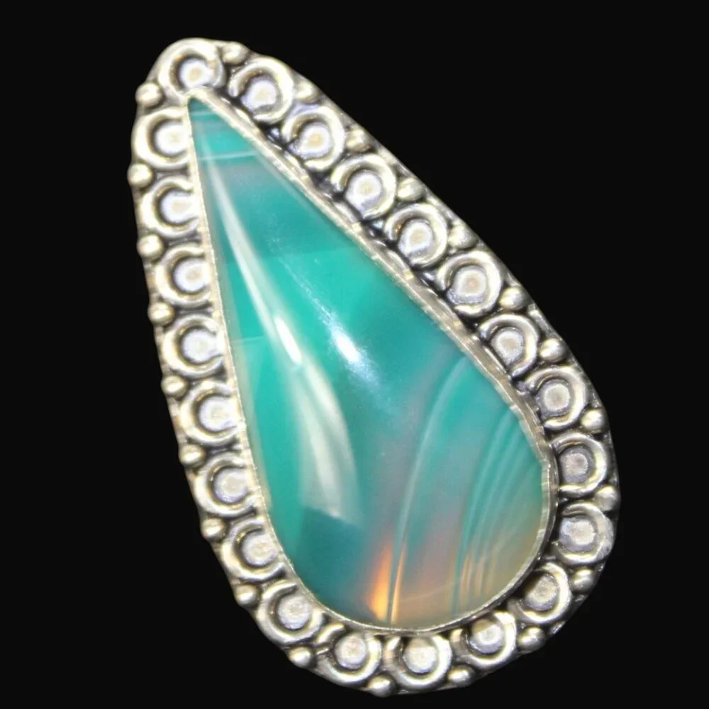 Vintage 925 Silver Green Banded Agate Statement Ring Boho Southwest Teardrop - Picture 4 of 8